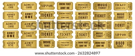 Vector set of Admit One tickets template. Golden ticket for cinema, movie, circus, theater, film, festival, casino, club, music, etc. Event admission, entrance pass set. Vector illustration.