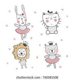 vector set of adorable animals in scandinavian style: lion, rabbit, cat and bear