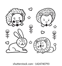 Vector set of adorable animals in trendy Scandinavian style. Funny, cute, hugge, hand drawn illustration for poster, banner, print, decoration kids playroom or greeting card. 