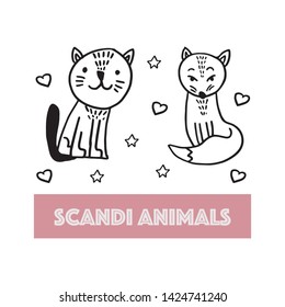 Vector set of adorable animals in trendy Scandinavian style. Funny, cute, hugge, hand drawn illustration for poster, banner, print, decoration kids playroom or greeting card. 