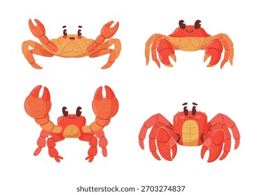 Vektor-Set von bezaubernden Cartoon-Krabbenfiguren, Kawaii-Krebstiere mit Klauen in verschiedenen Posen.