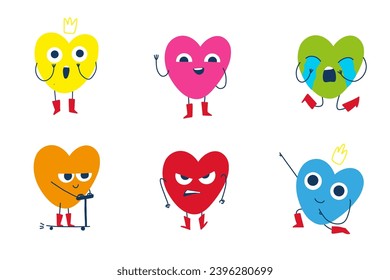 Vector set of  adorable heart character in different poses with happy emotion on white background. Romantic flat style Valentine's Day illustrations to express feelings of love