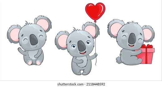 Vector set of adorable vector koalas isolated on white background. Australian animal, cute koala in a watercolor style. Cartoon character tropical animal on valentine's day theme.