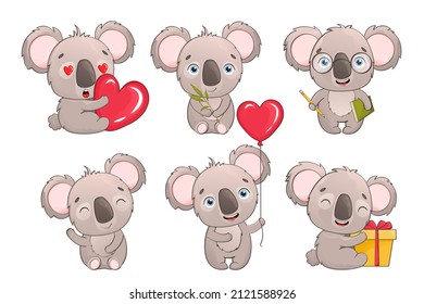 Vector set of adorable vector koalas isolated on white background. Tropical animals, cute baby animals in a watercolor style. Cartoon character tropical animal in flat style