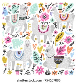 Vector set of adorable lamas. Hand drawn style. Ideal for greeting cards, invitations, children room decoration, etc.