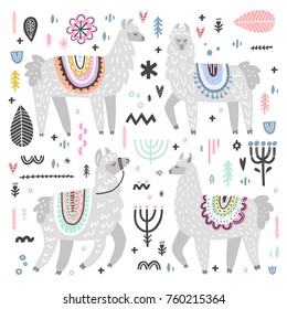 Vector set of adorable lamas. Hand drawn style. Ideal for greeting cards, invitations, children room decoration, etc.