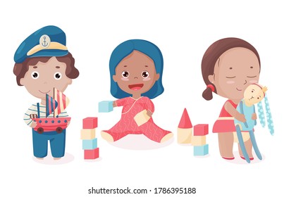 Vector set of adorable little children playing with a ship, soft rabbit, and bricks. Cute toddler builds castles. A boy dreams of being pirate. A lovely girl hugs her toy. Isolated characters.