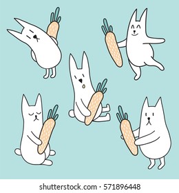 vector set of adorable rabbits with carrots in his hands on light blue background
