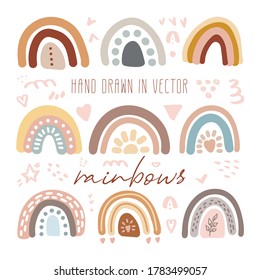 Un conjunto vectorial de adorables arcos se alza en un estilo escandinavo a la moda. Graciosa, linda, higge ilustración para afiches, textiles, decoración, sala de juegos para niños o tarjeta de saludo. Impresiones dibujadas a mano y garabatos.