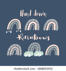 Un conjunto vectorial de adorables arcos se alza en un estilo escandinavo a la moda. Graciosa, linda, higge ilustración para afiches, textiles, decoración, sala de juegos para niños o tarjeta de saludo. Impresiones dibujadas a mano y garabatos.