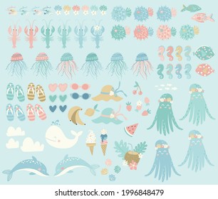 Vector set with adorable sea creatures, seashells, and summer beach attributes. Underwater world. Summer vacation. Cute and funny underwater inhabitants characters. Summertime mood. Sealife. Nautical