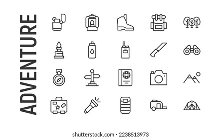 Vector set of adventure thin line icons. Design of 20 stroke pictograms. Signs of adventure isolated on a white background.