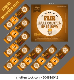 Vector set to advertise Halloween sale with poster and gift vouchers.