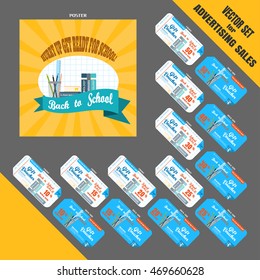 Vector set for advertising Back to school sales with poster and gift vouchers on the gray background.