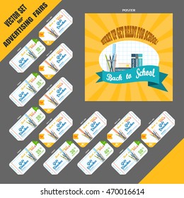 Vector set for advertising Back to school fair with poster and gift vouchers on the white and yellow background.