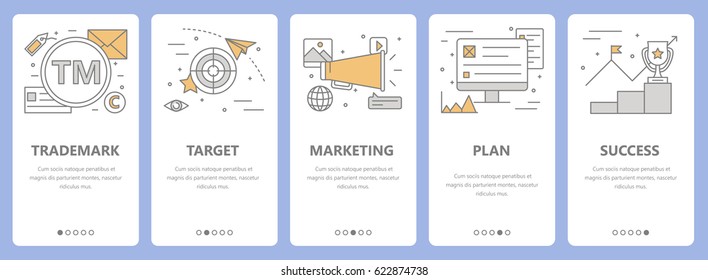 Vector set of advertising concept vertical banners. Trademark, target, marketing, plan and success concept elements. Thin line flat design symbols, icons for website menu, print.