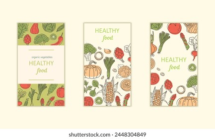 Vector set of advertising flyers with hand drawn vegetables. Farm store, market, website. Healthy food, vegetarianism