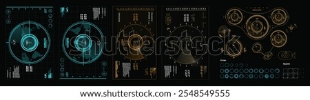 Vector set aerial targets, sights and devices for geolocation, detection objects and their destruction. Digital vector set of sights and target scanning. Futuristic UIHUD kit.  Set elements with radar