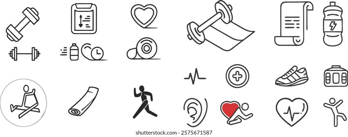 Vector set of Aerobics fitness line icons. Contains icons gym, nutrition, cardio exercises, sports supplements, workout etc