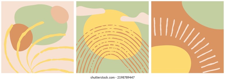 Vector set aesthetic abstract contemporary social media post creative. Square background template with copy space for text and images. Trendy boho hand drawn naive shapes in doodle style. Pastel color