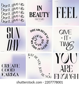 Vector set of aesthetic minimalistic instagram poster with pastel gradient background. Creative artwork. Template for card, poster, banner, print for t-shirt, pin, badge, patch.