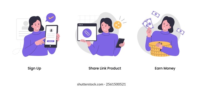 Vector set of affiliate marketing process. Illustrations for websites, landing pages, mobile apps, posters and banners. Trendy flat vector illustrations