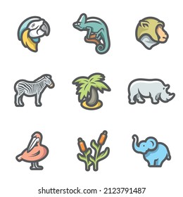 Vector Set of Africa Animals Icons. Parrot, Chameleon, Monkey, Zebra, Palm, Rhinoceros, Pelican, Reed, Elephant.