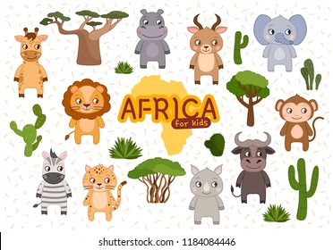 Vector set Africa. Cartoon cute animals and plants. Silhouette of Africa.
