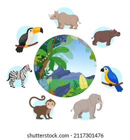 Vector set of African animals. Cartoon illustrations of cute animals. Jungle vector background.
