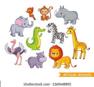Vector Set With African Animals. A Collection Of Cute Mammals In The Savannah In Children's Style.