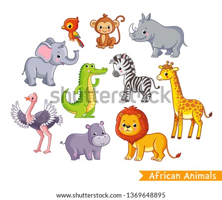 Vector set with african animals. A collection of cute mammals in the savannah in children
