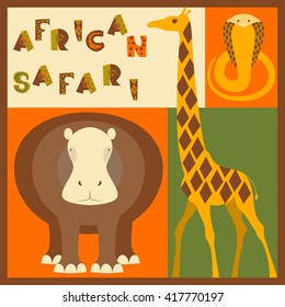 Vector set of African animals elements and icons - hippo, giraffe, cobra in modern flat design. Perfect promotional flyer, booklets and articles. Vector illustration eps10