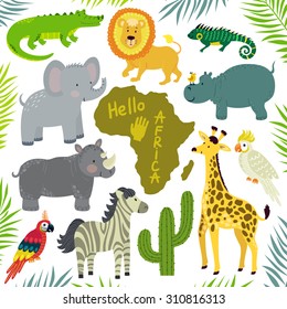 Vector set of african animals: elephant, giraffe, hippo, zebra, crocodile, lion, iguana, rhino, cockatoo parrot, macaw, african continent and floral elements: palm leaves and cactus. Cute zoo.