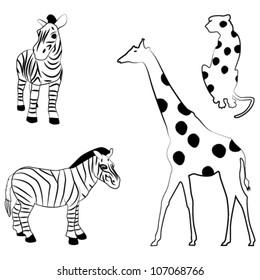 Vector set of African animals illustrations: zebras, giraffe, cheetah