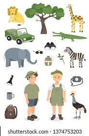 Vector Set of African animals (lion, elephant, zebra, giraffe) and traveler character. Collection of tourist things in Safari (backpack, car, flask, pocket lamp). A boy and a girl traveling in Africa.