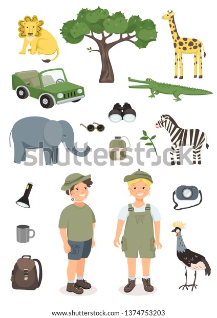 Vector Set of African animals (lion, elephant,\
zebra, giraffe) and traveler character. Collection of tourist\
things in Safari (backpack, car, flask, pocket lamp). A boy and a\
girl traveling in\
Africa.