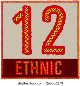 Vector set of african font with ethnic pattern. Numbers 1 2