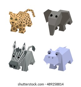 Vector set of african isometric animals. Different cartoon isometric 3d animals isolated: elephant, leopard, zebra, hippo, hippopotamus. Elements for 3d game. Icon collection of african animals.