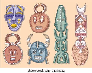 Vector Set of African Masks (collection, indigenous art)