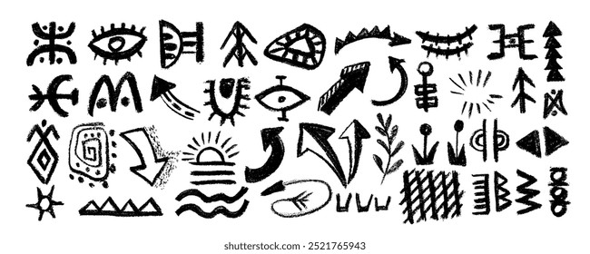 Vector set with african, mexican, indian elements, tribal shapes and textile ornaments. Traditional ritual shapes, ethnic circles and borders. Mystic symbols , folk shapes