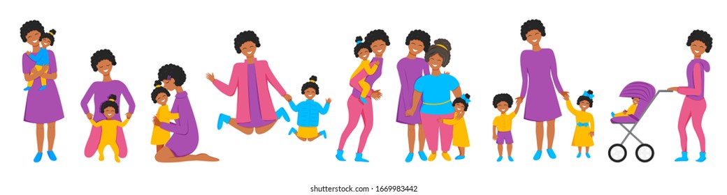 Vector set of african mother's little activities. Funny situations of mom on maternity leave. Concept design of happy family Three generations together holds hands and laugh