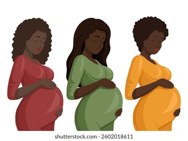 Vector set of African pregnant women isolated from background. Clip arts collection of healthy Black pregnant women in a flat style for card and sticker. Tender expectation of a child.