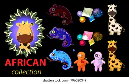 vector set of african stickers; giraffes, chameleons; voodoo dolls and precious stones icons isolated on black; collection of cute pastel colorful cartoon objects; ethnic tematic set