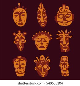 vector set of african style masks on dark background
