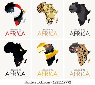 vector set with african textures map illustration - black panther, yellow-billed hornbill, gorilla, leopard, crowned crane and spotted hyena 