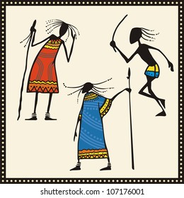 Vector set of African warriors in traditional clothing.