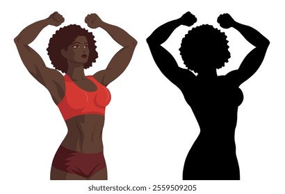 Vector set of African women bodybuilder in retro style and black silhouette. Female power. Collection of strong muscular women. Clip arts with a sporty women