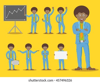 Vector set afro character businessman in blue suit, in different poses.