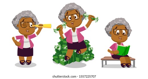 Vector set with afro-american aged lady in different situations. Spectacled indian woman looking through spyglass, jumping for joy near pile of banknotes, sitting on bench, reading book.