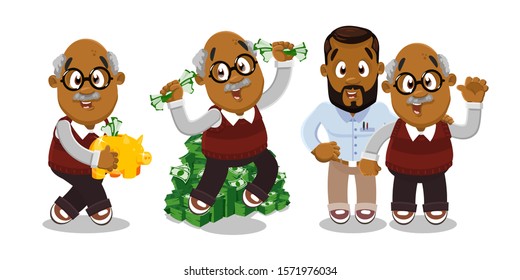 Vector set with afro-american aged spectacled man in different situations. Elderly silver haired pensioner carrying piggy bank, jumping for joy near pile of banknotes, standing next to son or nephew.